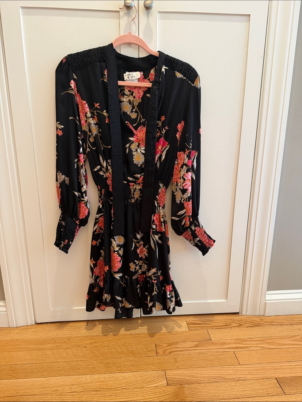 Misa Los Angeles Black Floral Mini Dress with Pink and Cream Blooms